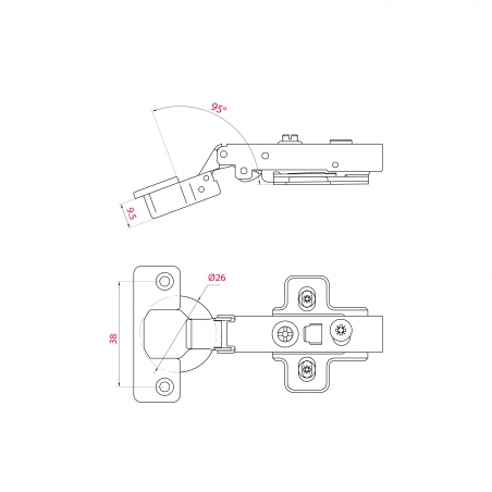Charnière invisible amortie À clipser Diam.26mm ouverture 95°