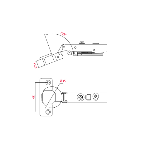 Charnière invisible amortie À clipser Entraxe 45 En applique Ouverture 105°