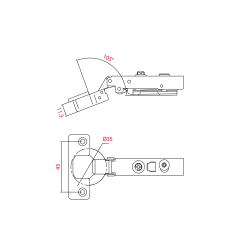Charnière invisible amortie À clipser Entraxe 45 En applique Ouverture 105°