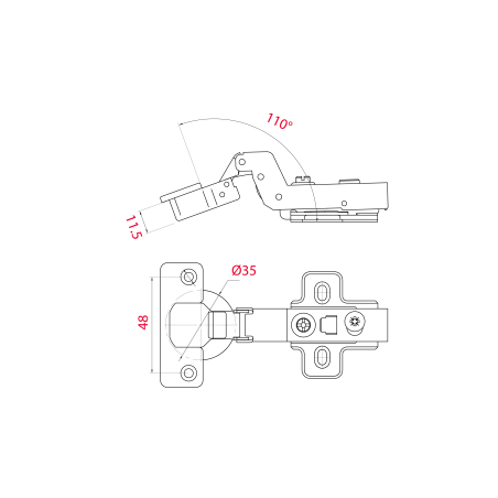 Charnière invisible amortie À clipser Entraxe 48 ouverture 110°