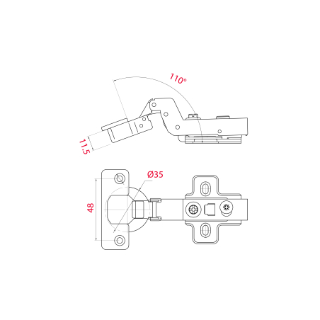 Charnière invisible amortie À clipser Entraxe 48 ouverture 110°