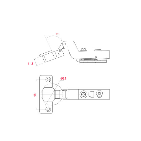 Charnière invisible d'angle amortie À clipser ouverture 45°