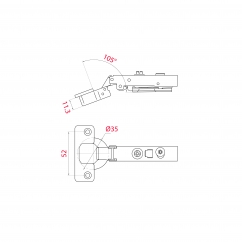 Charnière invisible amortie À clipser Entraxe 52 En Applique 105°