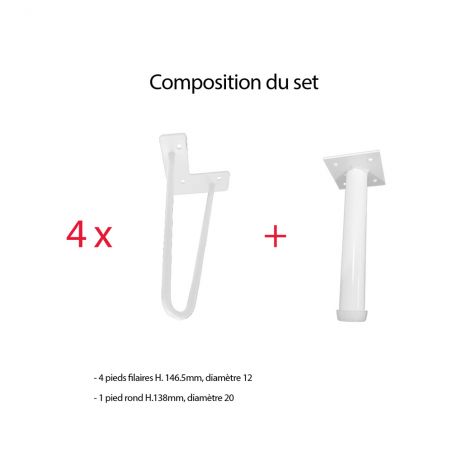 Kit 4 pieds de meuble filaires Blanc H.146.5mm +1 pied H.138mm - Acier