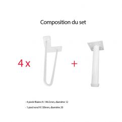 Kit 4 pieds de meuble filaires Blanc H.146.5mm +1 pied H.138mm - Acier