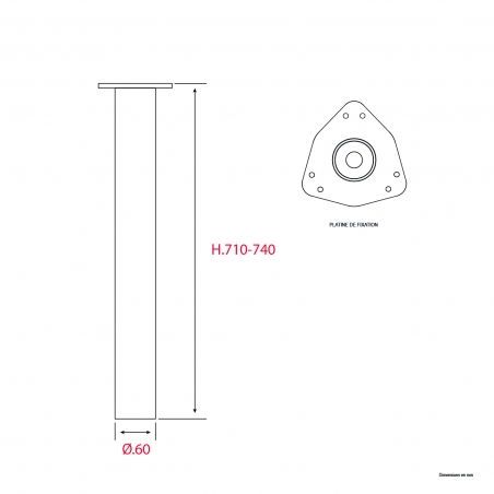 4 Pieds de table ronds Noir mat H.710-740mm Diam.60mm - Acier