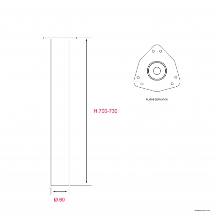 4 Pieds de table cylindriques réglables Noir mat H.700-730mm