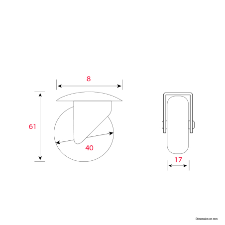 Roulette d'ameublement pivotante à œil sans frein Diam.40mm