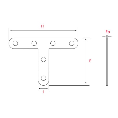 Équerre en T plate à bouts ronds 80x40x1.5mm - Acier zingué
