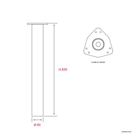 4 Pieds de table ronds Argentés - H.830mm Diam.60mm - Acier