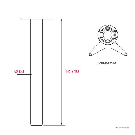 4 Pieds de table ronds Blanc - H.710mm Diam.60mm - Acier