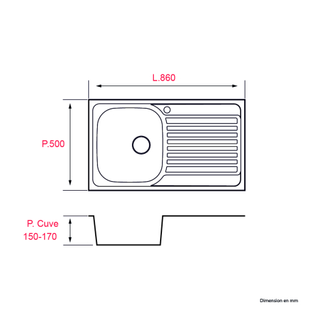 Évier 1 bac avec égouttoir À encastrer - 860x500mm - Inox 304