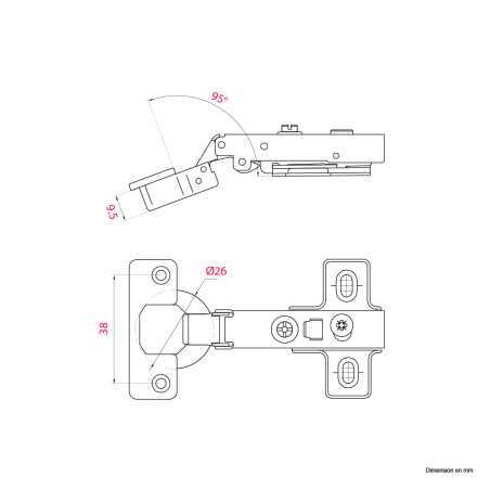 Mini charnière invisible À visser Diam.26mm ouverture 95°
