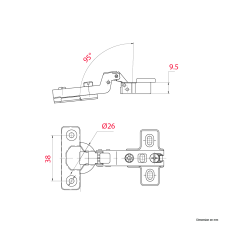 Mini charnière invisible À visser Diam.26mm ouverture 95°