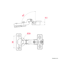 Mini charnière invisible À visser Diam.26mm ouverture 95°