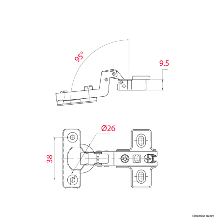 Mini charnière invisible À visser Diam.26mm ouverture 95°