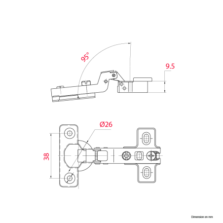 Charnière invisible amortie À clipser Diam.26mm ouverture 95°