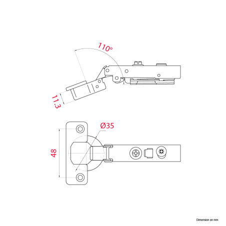 Charnière invisible amortie À clipser Entraxe 48 Applique 110°