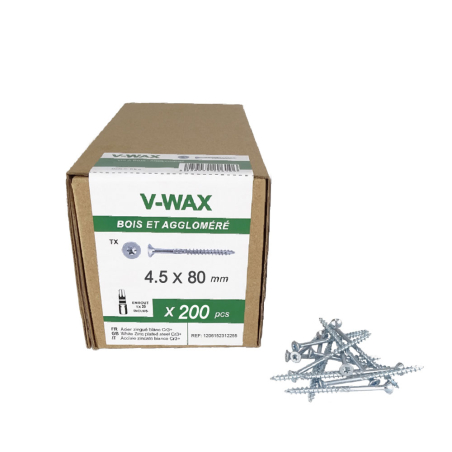 200 Vis à bois tête fraisée TORX Ø4.5x80mm - Filetage partiel - Acier zingué